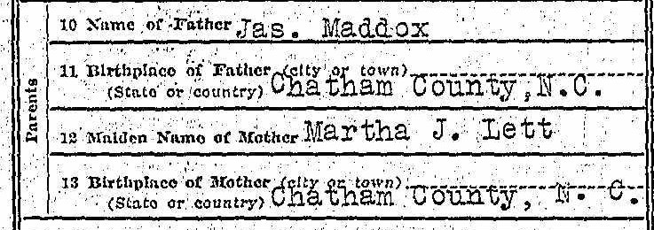 Genealogy death certificate Mattie Maddox - parents