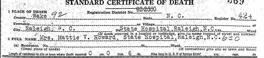 Genealogy death certificate Mattie Maddox - top