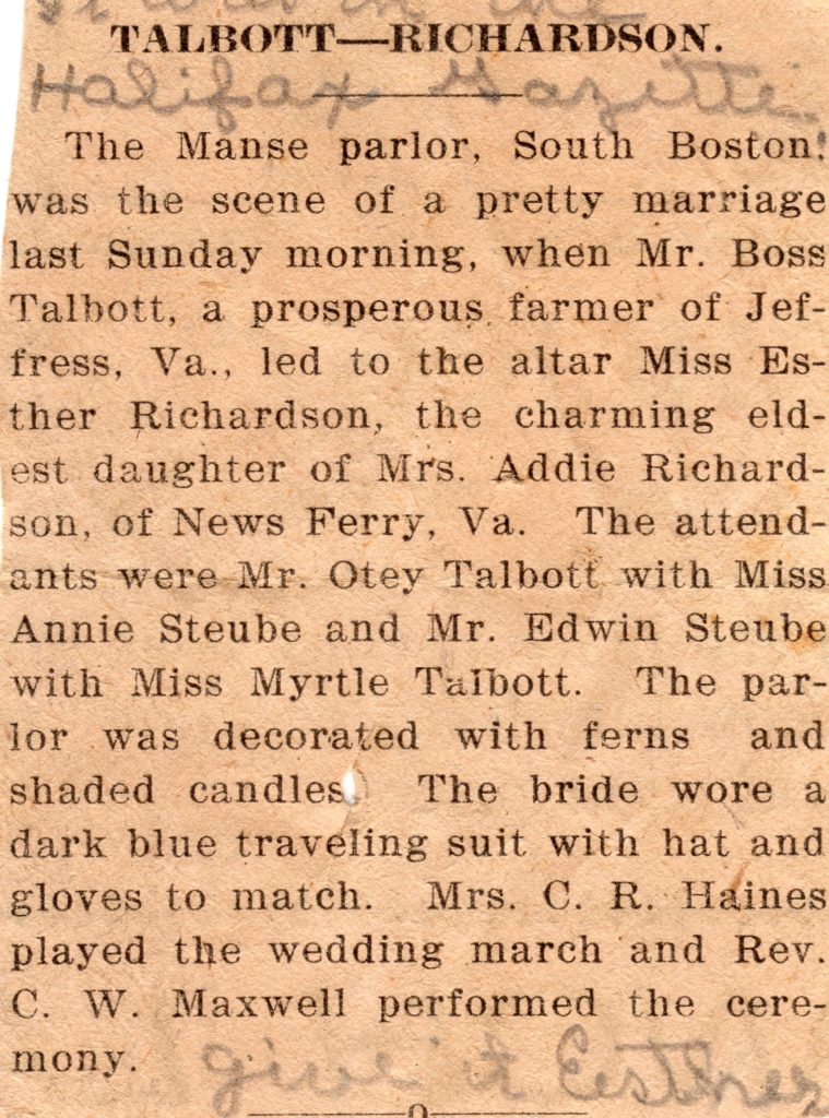 Newspaper article of Talbott-Richardson wedding taking place in Halifax County, VA.
