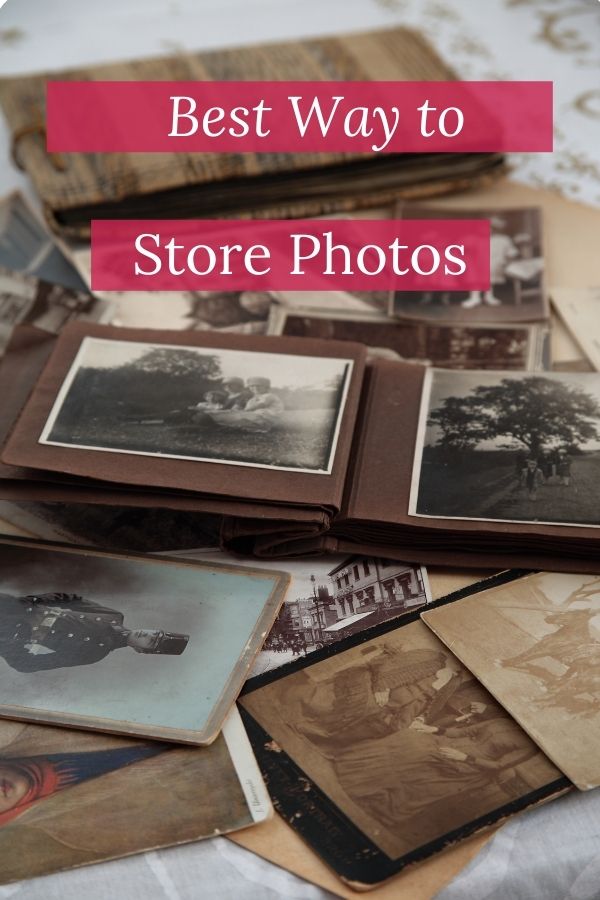 Scattering of old photos with white words on red background reading Best Way To Store Photos