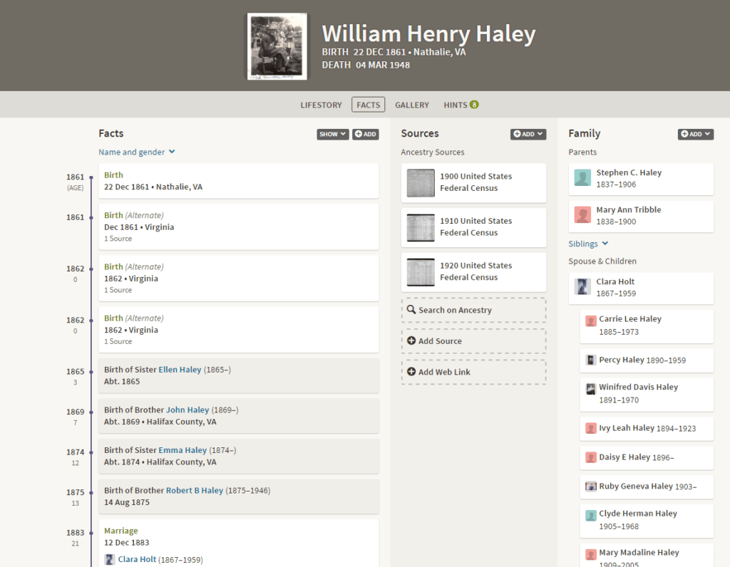 William Henry Haley Facts and timeline in Ancestry.com