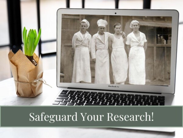 Open laptop with vintage photo of 4 men in aprons. Green text reads Safeguard your research