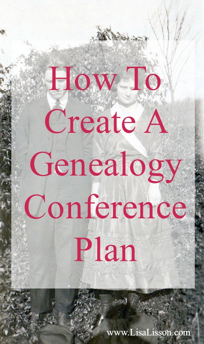 Black and white photo of man and woman with white overlay reading How to Create a Genealogy Conference Plan