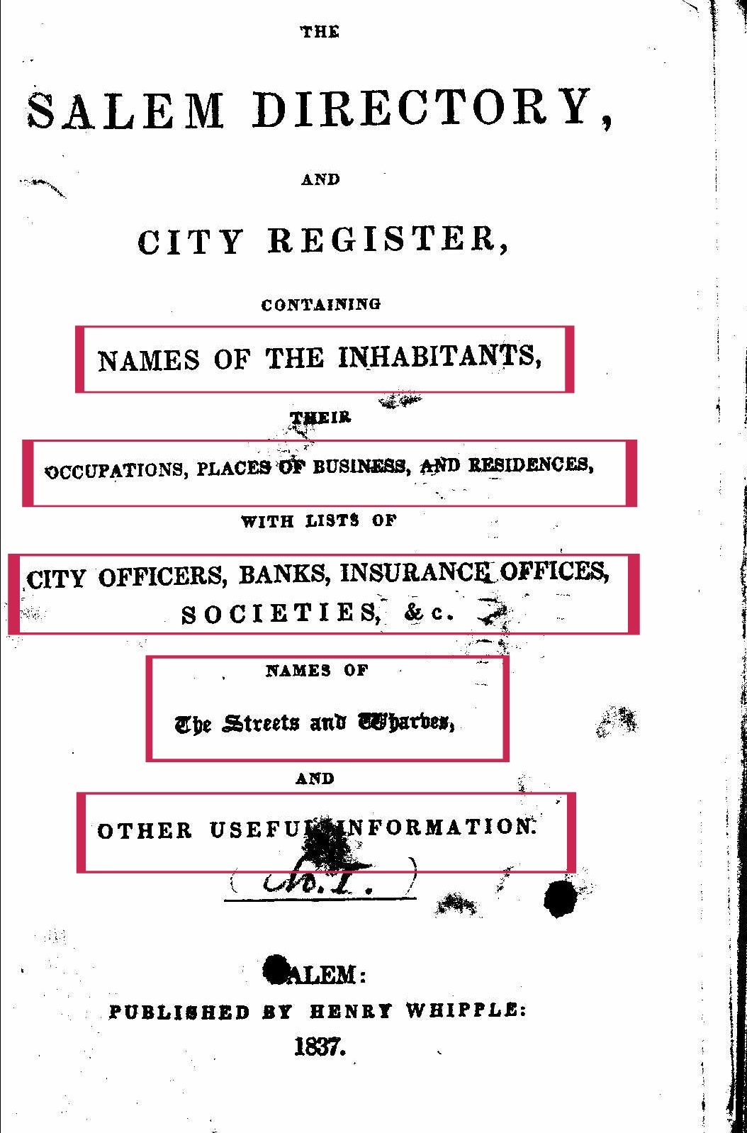 Title page for the Salem Directory for 1837