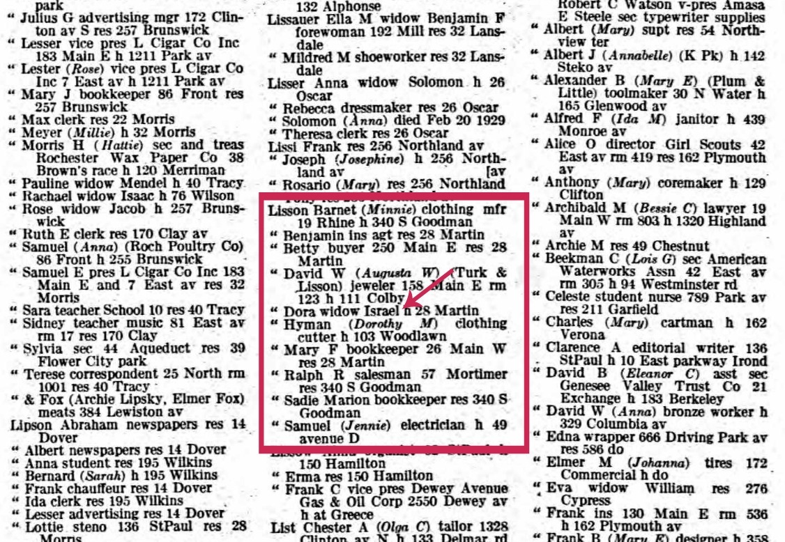 Dora Lisson entry of the 1930 Rochester City Directory