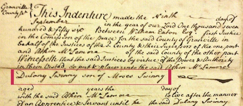 1750'ish apprentice bond for  Dulaney Sweeney, son of Moses Swinny