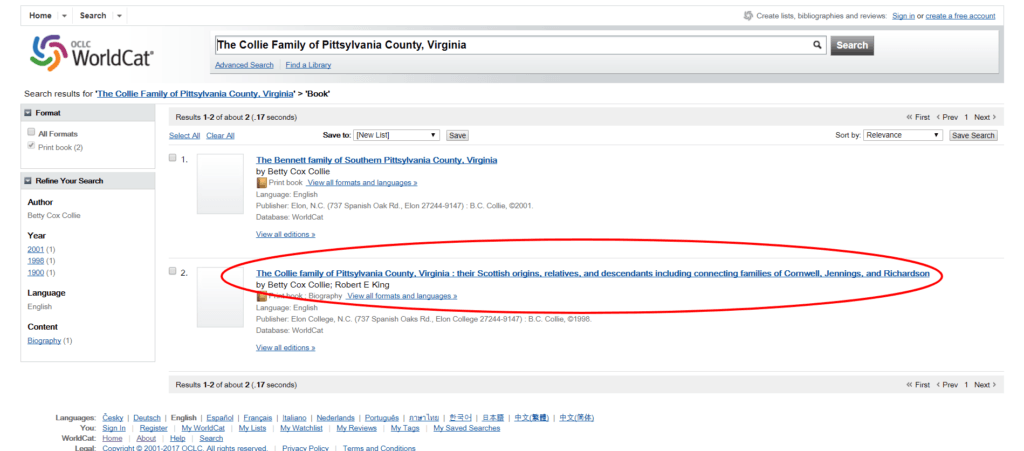 Search results page for Collie family in Worldcat