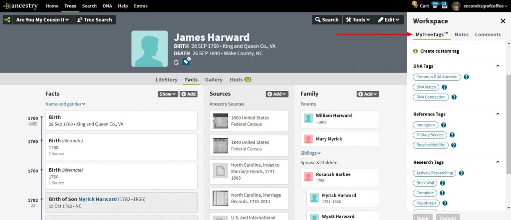 Try Ancestry.com's NEW MyTree Tags tool. Use tags (or labels) to improve your family tree organization and manage your genealogy research projects easier. #genealogy #familytree #ancestors