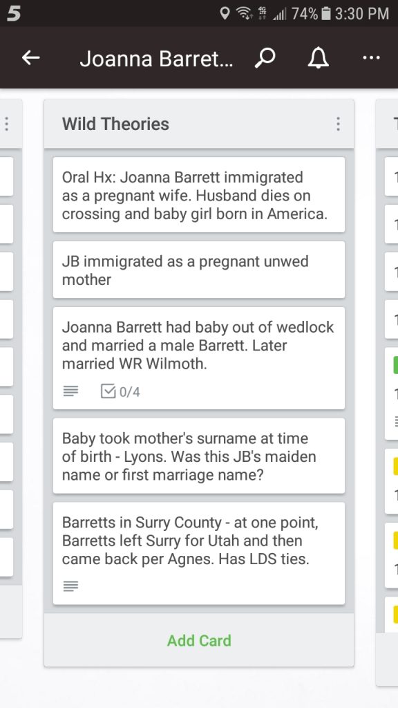 Trello list for "Wild Theories" in the genealogy research plan for Joanna Barrett.