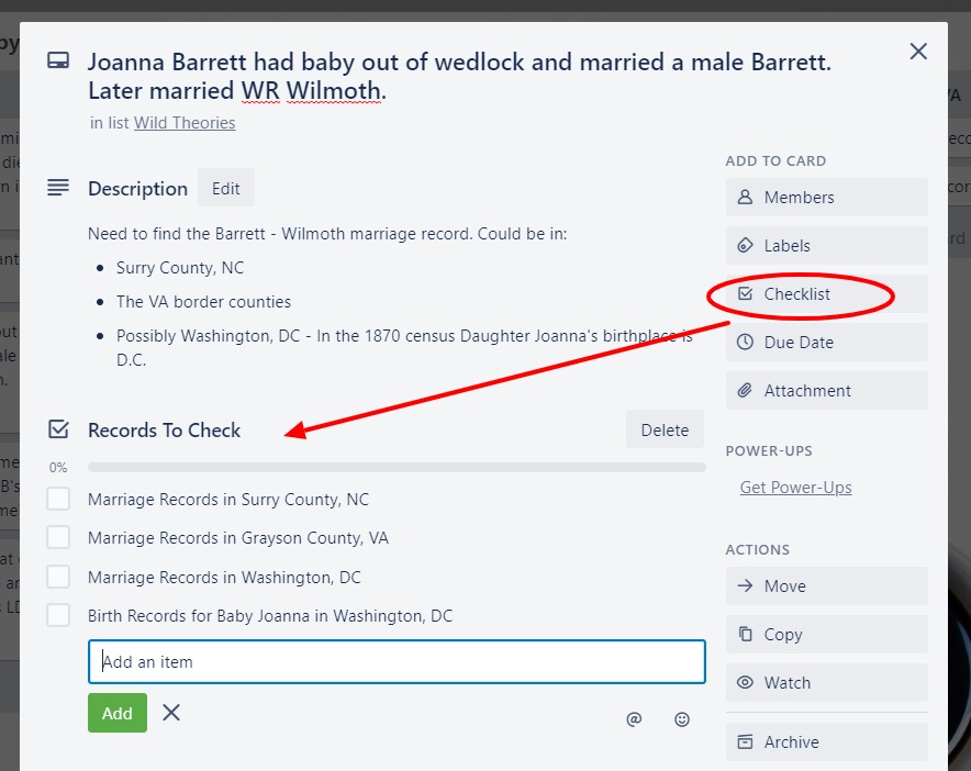 Close up checklist created in Trello card for Joanna Barrett