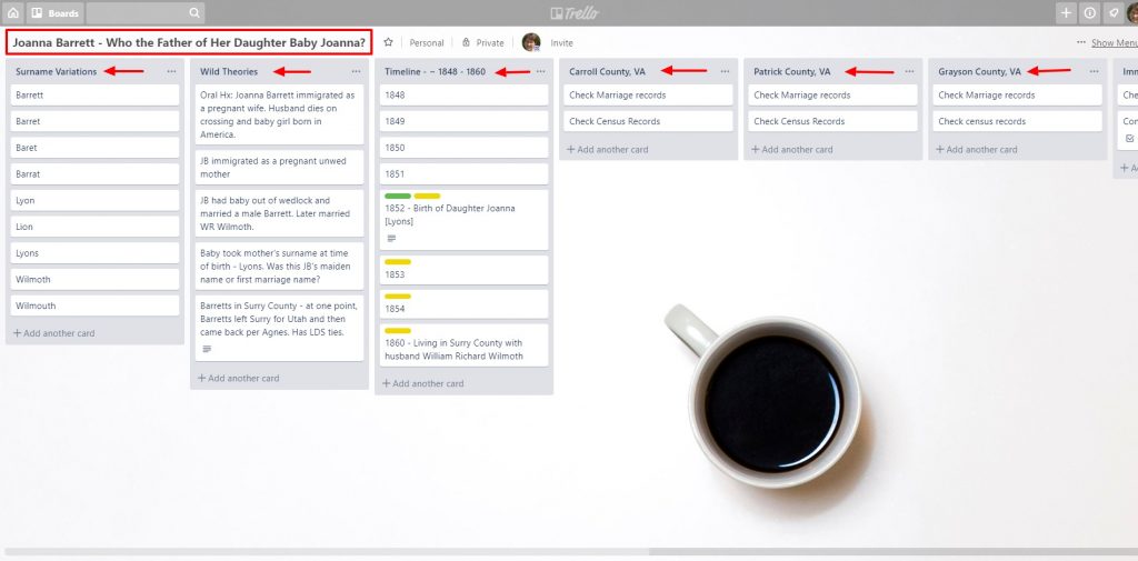 Trello board for genealogy research plan for Joanna Barrett 