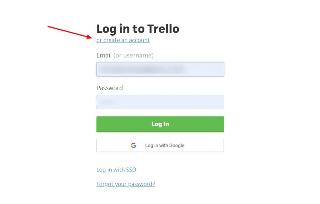 Trello Log in page with arrow pointing to "create an account"