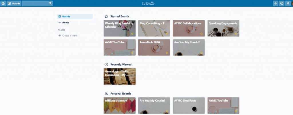 Trello dashboard with Are You My Cousin? board thumbnails with genealogy research plans