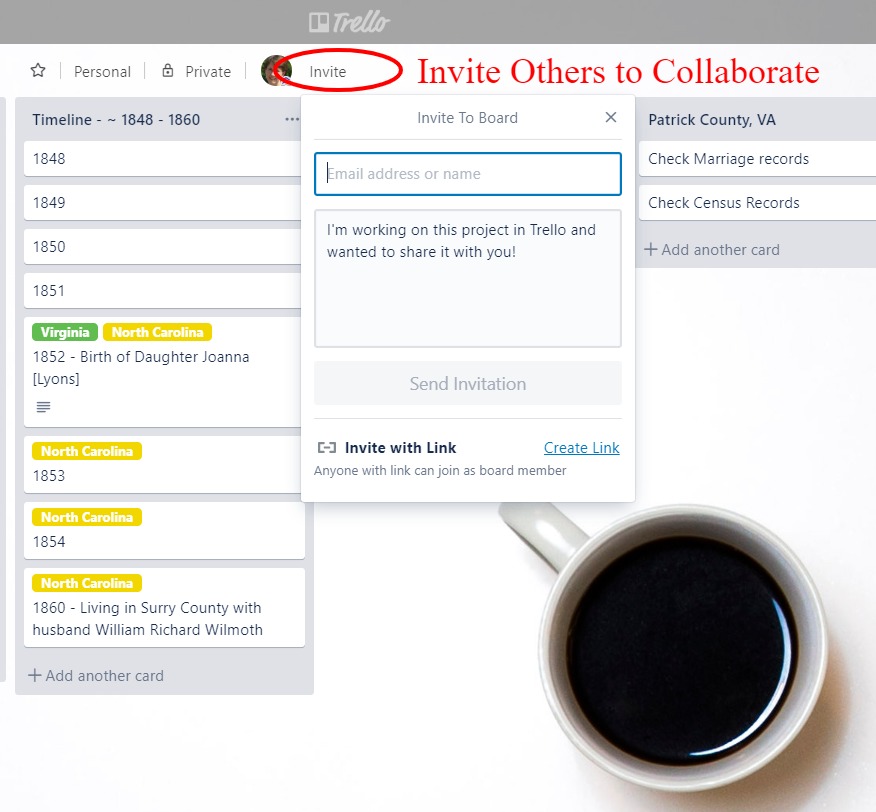 Trello invite button circled in red to Invite other to collaborate  on a genealogy research plan