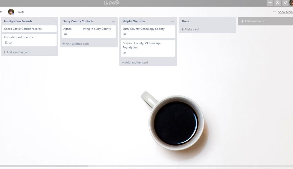 Genealogy Research plan (2nd part) for Joanna Barrett on Trello 