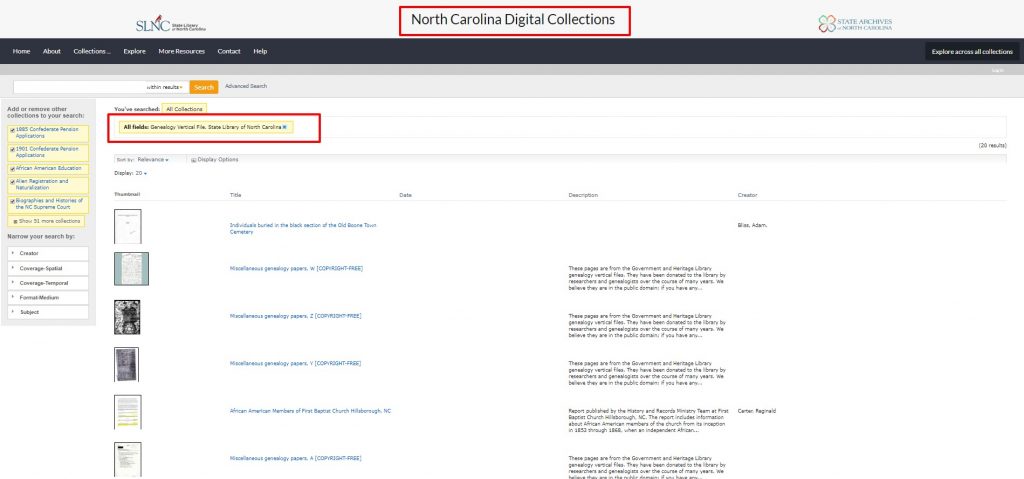 State Archives of NC Vertical Files Collection