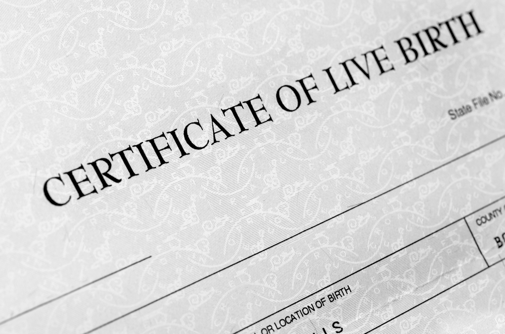 Closeup detail of birth certificate form to be filled out when baby is born