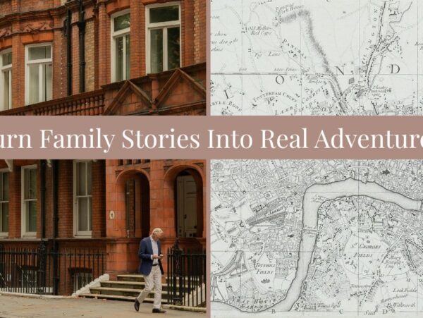 Split screen with old London map on right and London street scene on left