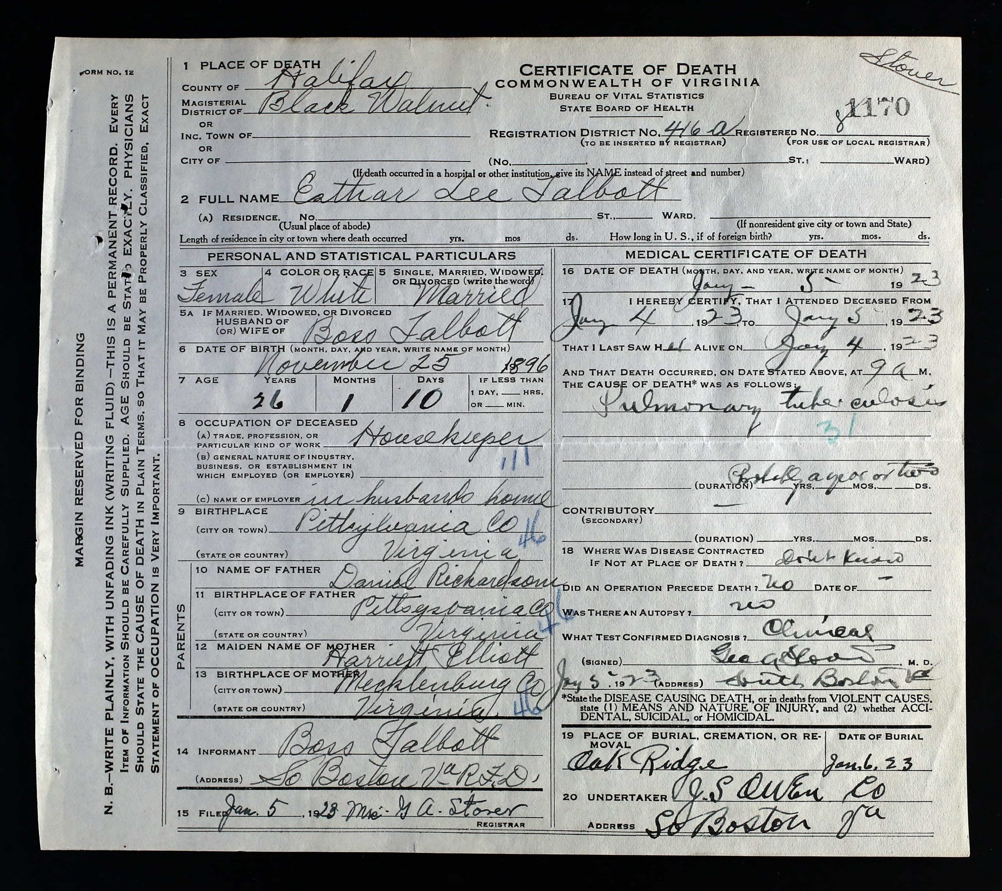 Esther Talbott 1924 Death Certificate