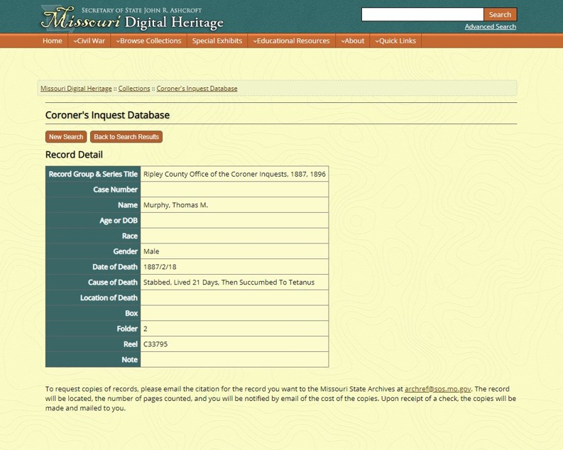 Screensho of Missouri Inquest Index entry for  1887