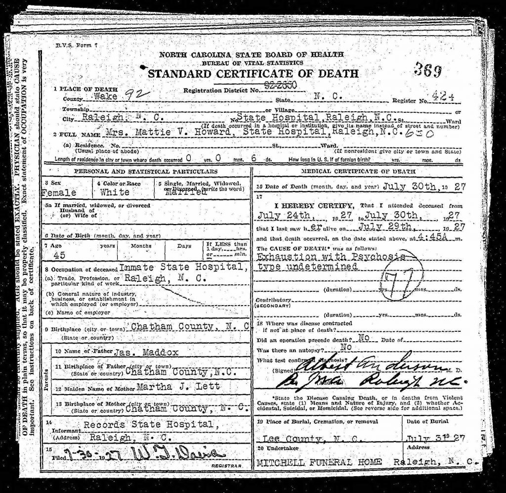 Mattie Maddox death certificate from 1927, North Carolina