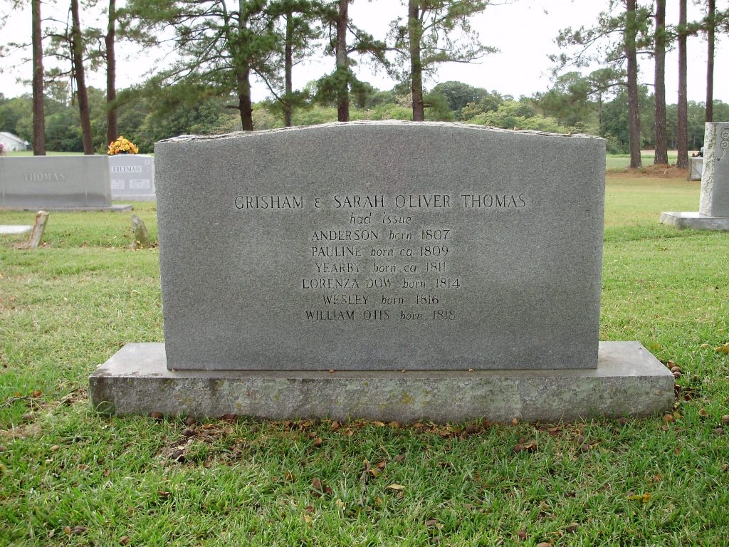 Back of Thomas gravestone with names of Grisham and Sarah Oliver Thomas. Children's name include Anderson, Pauline, Yearby, Lorenza, Wesley and William Otis.