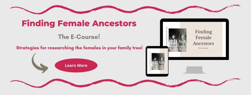 Promo for Finding Female Ancestors E-Course with red "Learn More" button and Laptop/ipad mockup