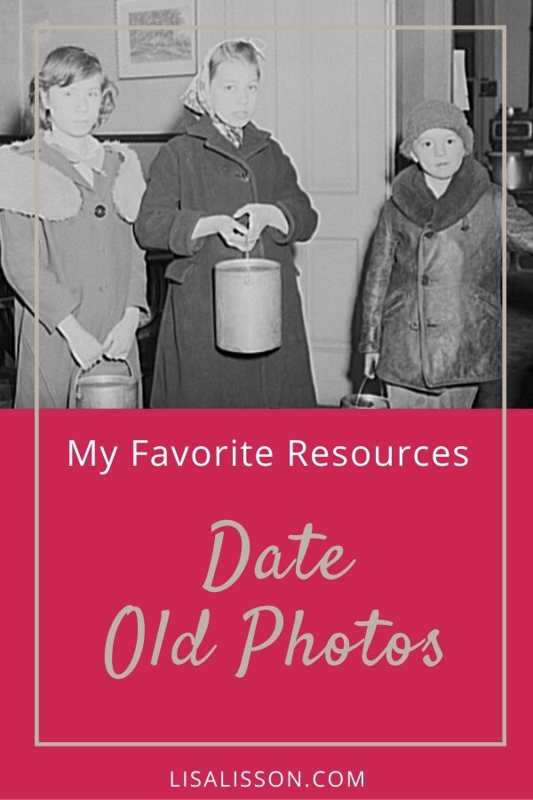 Vertical pin with black and white photo with white words on red background reading My Favorite Resources - Date Old Photos