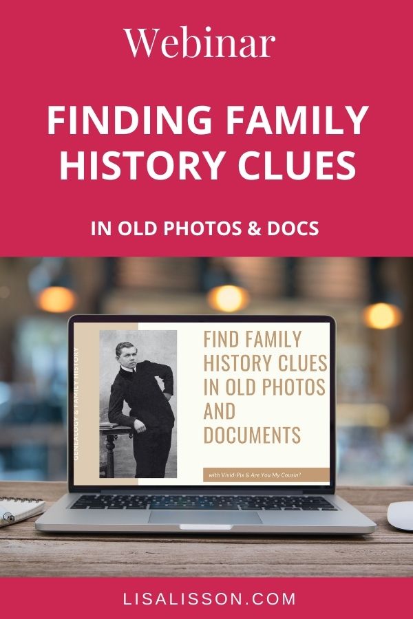 Laptop open with screen showing presentation "Find Family Clues in Old Photos and Documents.