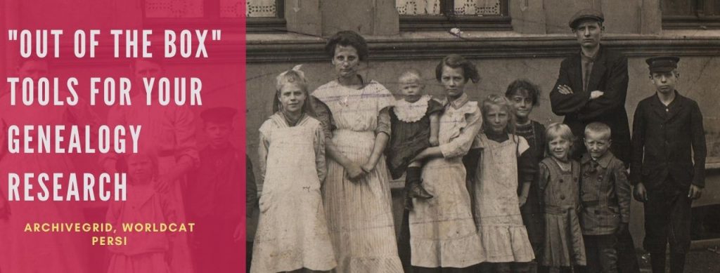 1800's black and white photo of mother  with 9 children. White text on red background reading "Out of the Box" Tools for Your Genealogy Research