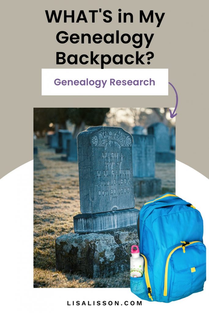 Photo of gravestone, inset of blue backpack. Black text on tan background reading What's in my genealogy backpack?