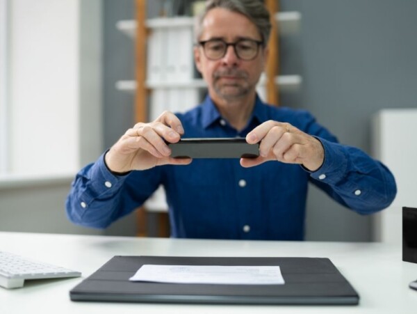 man in blue shirt using cell phone to scan a photo