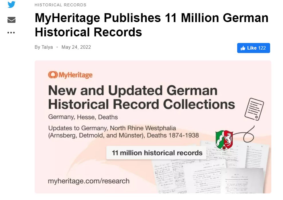 Screenshot of MyHeritage blog post entitled MyHeritage Publishes 11 Million German Historical Records