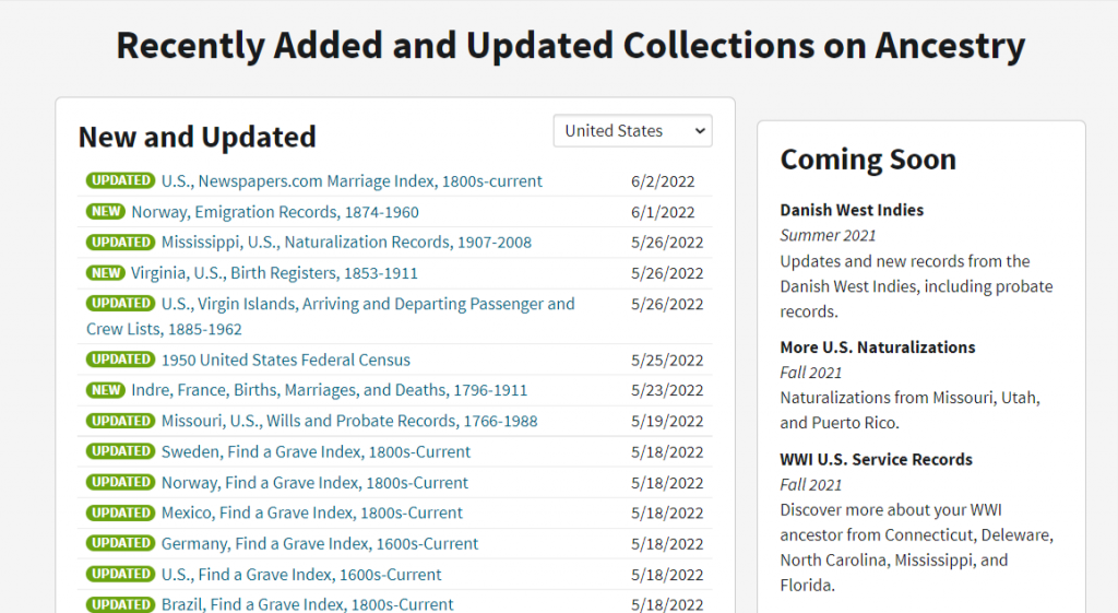 Screenshot of recently added and updated collections at Ancestry.com