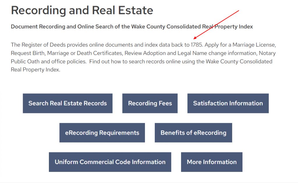 Screenshot from Wake county NC Register of deeds records search page.