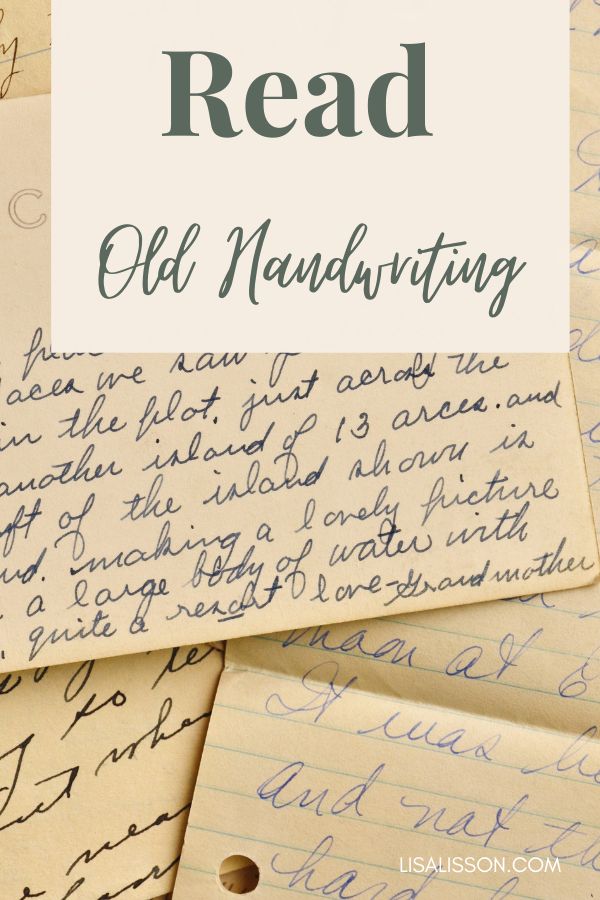 pile of old letters written in cursive. Tan block with dark green words reading "Read old Handwriting"