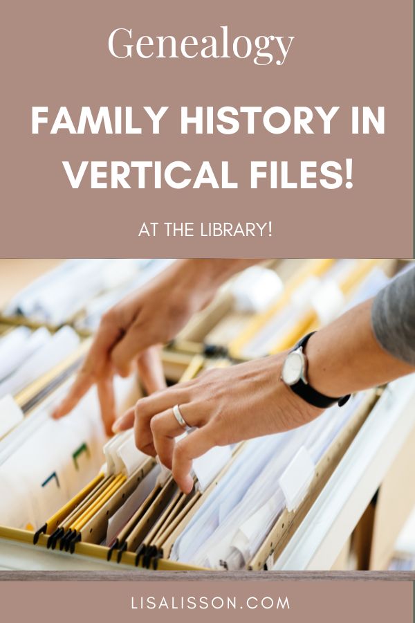 Hands going through files in a cabinet. Brown box reading Genealogy Family history in vertical files.