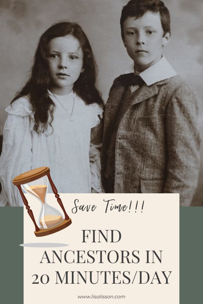 Black and white image of young boy and girl. Green box with white text reading Find ancestors in 20 minutes/day.