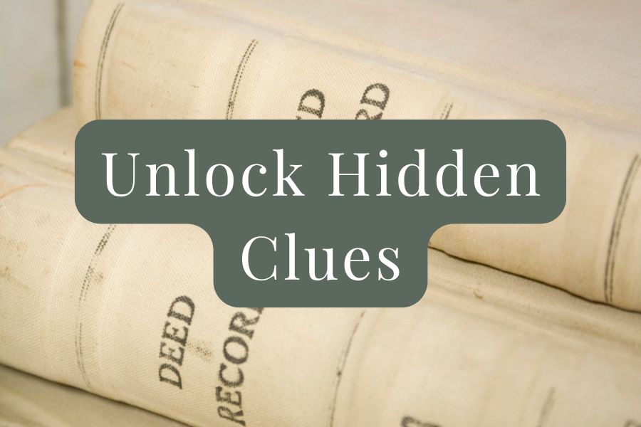 Old deed books with white text on green background reading Unlock hidden clues