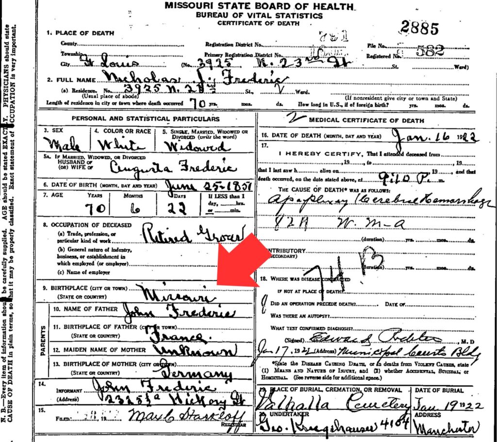 Missouri Death Certificate with red arrow point to birthplace of Missouri