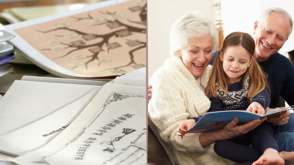 Left side is a pile of genealogy papers and pedigree tree. Right side is smiling grandparents reading to a young child
